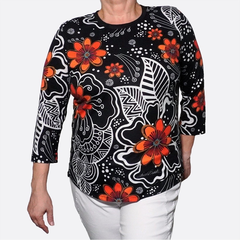 Laurel Burch Orange Blossoms Floral Art Top 3/4 Sleeve Black 0X L‎ Boho